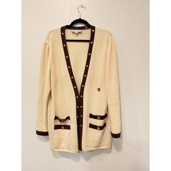 ST. JOHN BY MARIE GRAY SANTANA KNIT IVORY AND BROWN TRIM CARDIGAN SWEATER Sz L - Picture 1 of 10